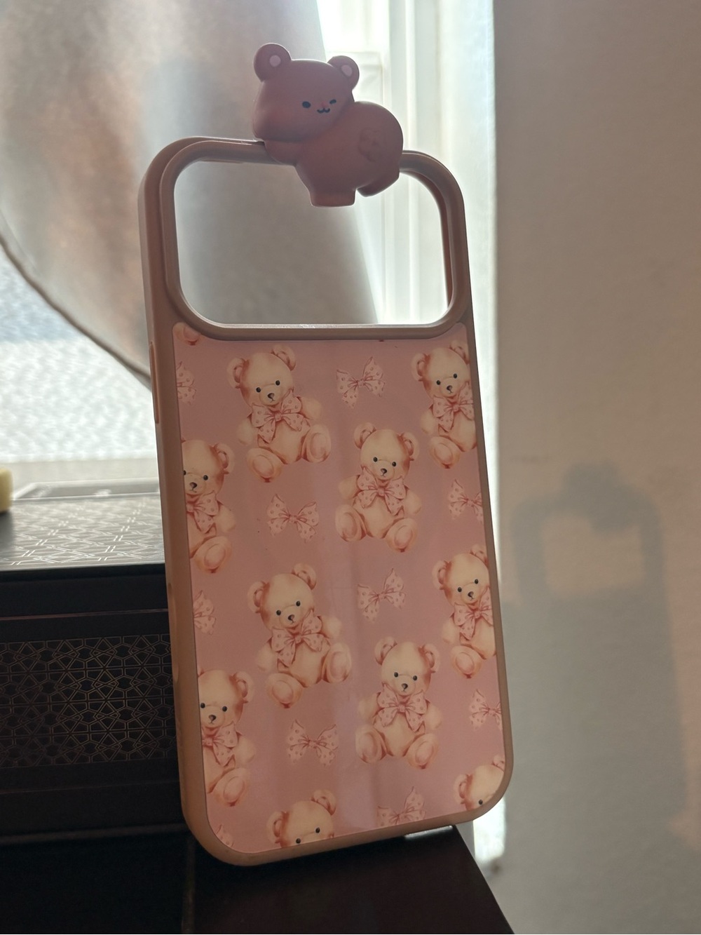 Cute Pink Bear Pattern iPhone Case with Bear Charm